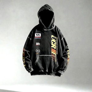 May include: Black hooded sweatshirt with multiple patches and text. The front features a patch with the number 11 and the words "RACE CLUB". The right sleeve has the text "UCR" in yellow and orange. The sweatshirt has a kangaroo pocket.