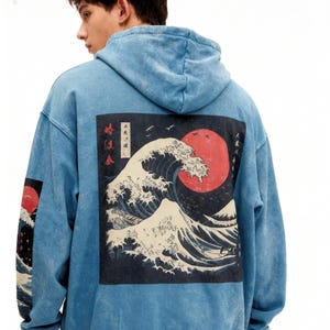 PREMIUM Kanagawa Japanese Wave Oversize Faded Hoodie, Acid Wash Japanese Streetwear, Back Print Kanji, Trendy High Quality Hooded Sweatshirt