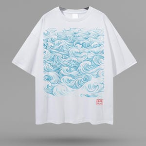 May include: White t-shirt with a blue wave pattern and the text "海  Study" in red.
