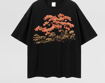 Camiseta PREMIUM japonesa con estampado de flores de cerezo Sakura, corte oversize con hombros caídos, estética japonesa, Tokio, estilo urbano japonés.