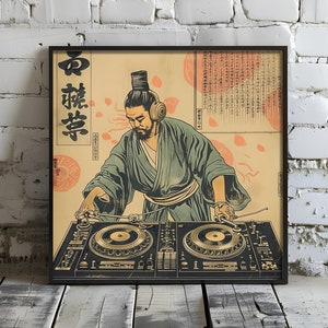 Antiker Samurai DJ aus der EDO-Periode Japan Foto Kunst Papier Poster | Wandkunst für DJs | Vintage Wand Kunst | Disc Jockey Kunstdruck | DJ Wandkunst