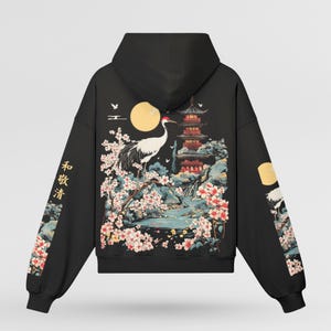 PREMIUM Crane & Pagoda Japanese Boxy Fit Hoodie – High Quality Streetwear Pullover, Cherry Blossom Art, Sakura Moon Scene, Cultural Graphic
