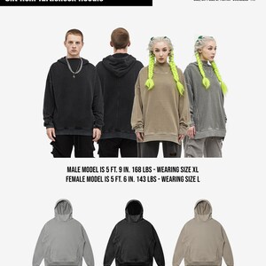 May include: A unisex washed hoodie with a slit hem turtleneck design. The image shows the hoodie in neutral grey, snow wash, and khaki colors. The text on the image says the style has a loose fit.