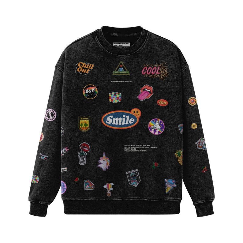 Felpa streetwear con toppe finte - Felpa girocollo oversize pesante da 440 g/m², moda urbana di qualità premium, stile streetwear per uomo e donna Faded Black
