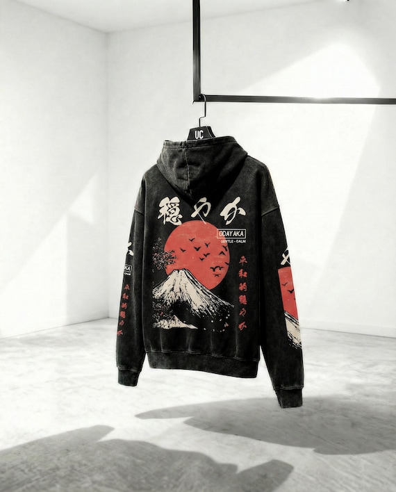 PREMIUM Oversized Japanese Hoodie, Japanese Streetwear, Aesthetic, Mount Fuji, Kanji Writing, Japan Sweatshirt, Tokyo, Sleeve, Japan Fashion