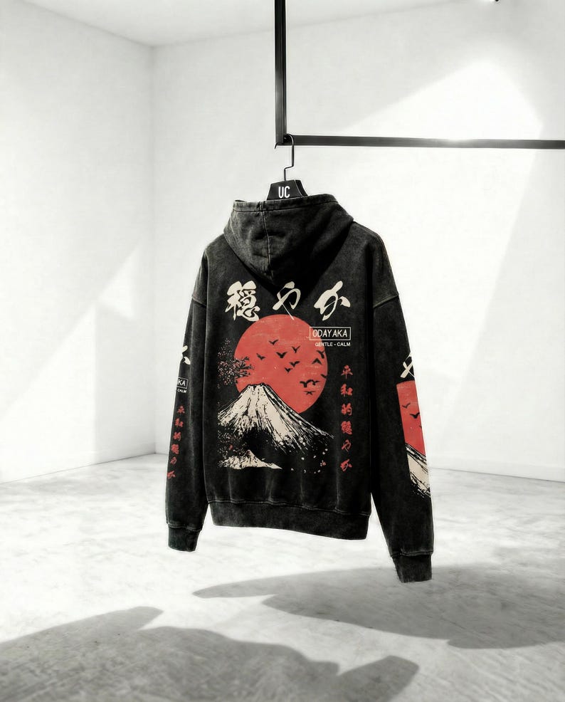 PREMIUM Oversized Japanese Hoodie, Japanese Streetwear, Aesthetic, Mount Fuji, Kanji Writing, Japan Sweatshirt, Tokyo, Sleeve, Japan Fashion image 1