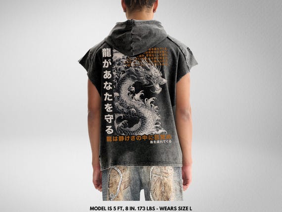 Premium Harajuku Dragon Snow Washed Boxy Hooded Tank Top, Japanese Streetwear, High Quality Cotton Sleeveless Hoodie. Distressed with Rips,
