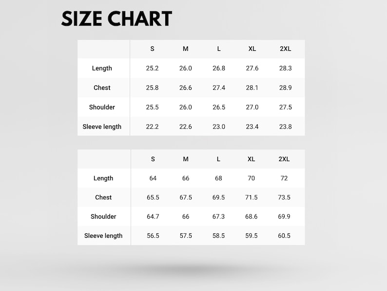 May include: A size chart with measurements for clothing. The chart includes sizes S, M, L, XL, and 2XL. Measurements are provided for length, chest, shoulder, and sleeve length in inches. The text "SIZE CHART" is at the top.