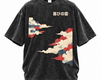 PREMIUM Japanese Clouds Oversize Snow Washed T-Shirt, Cool Japanese Inspired Tee, High Quality Cotton, Vintage Japanese Design, Tokyo Art