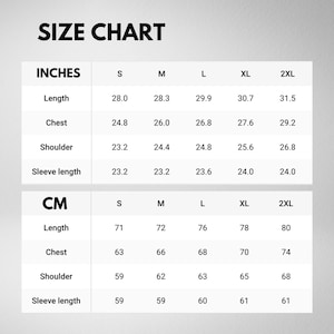 May include: Size chart for clothing in inches and centimeters. The chart shows measurements for length, chest, shoulder, and sleeve length for sizes S, M, L, XL, and 2XL.
