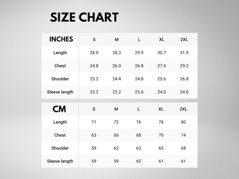 May include: Size chart for clothing in inches and centimeters. The chart shows measurements for length, chest, shoulder, and sleeve length for sizes S, M, L, XL, and 2XL.
