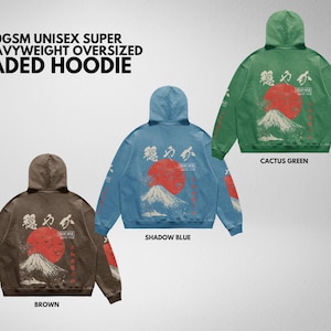 May include: Three hooded sweatshirts in brown, blue, and green with a faded, vintage look. Each sweatshirt features a Japanese mountain scene with a red sun and Japanese characters. The text "穩力办" is printed on each sweatshirt.