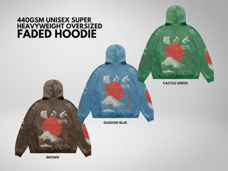 May include: Three hooded sweatshirts in brown, blue, and green with a faded, vintage look. Each sweatshirt features a Japanese mountain scene with a red sun and Japanese characters. The text "穩力办" is printed on each sweatshirt.