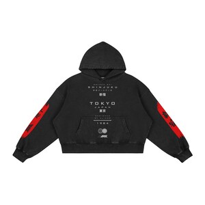 Shinjuku Tokyo Boxy Premium Cotton Hoodie, Japanese Streetwear, Tokyo Fashion Trend, Faded Designer Hoodie, Golden Gai Faded Black