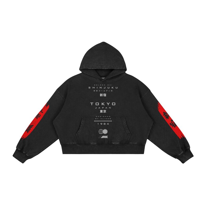 Shinjuku Tokyo Boxy Premium Cotton Hoodie, Japanese Streetwear, Tokyo Fashion Trend, Faded Designer Hoodie, Golden Gai Faded Black