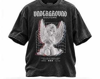 PREMIUM Angel Underground Culture Acid Wash Oversize T-Shirt, Grunge Streetwear, Vintage Washed Tee,