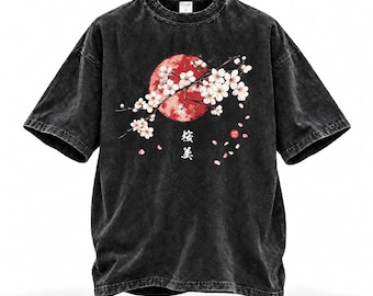 Premium Quality Sakura Acid Washed T-Shirt – Japanese Cherry Blossom Black Streetwear Tee, Luxury Oversized Graphic Top