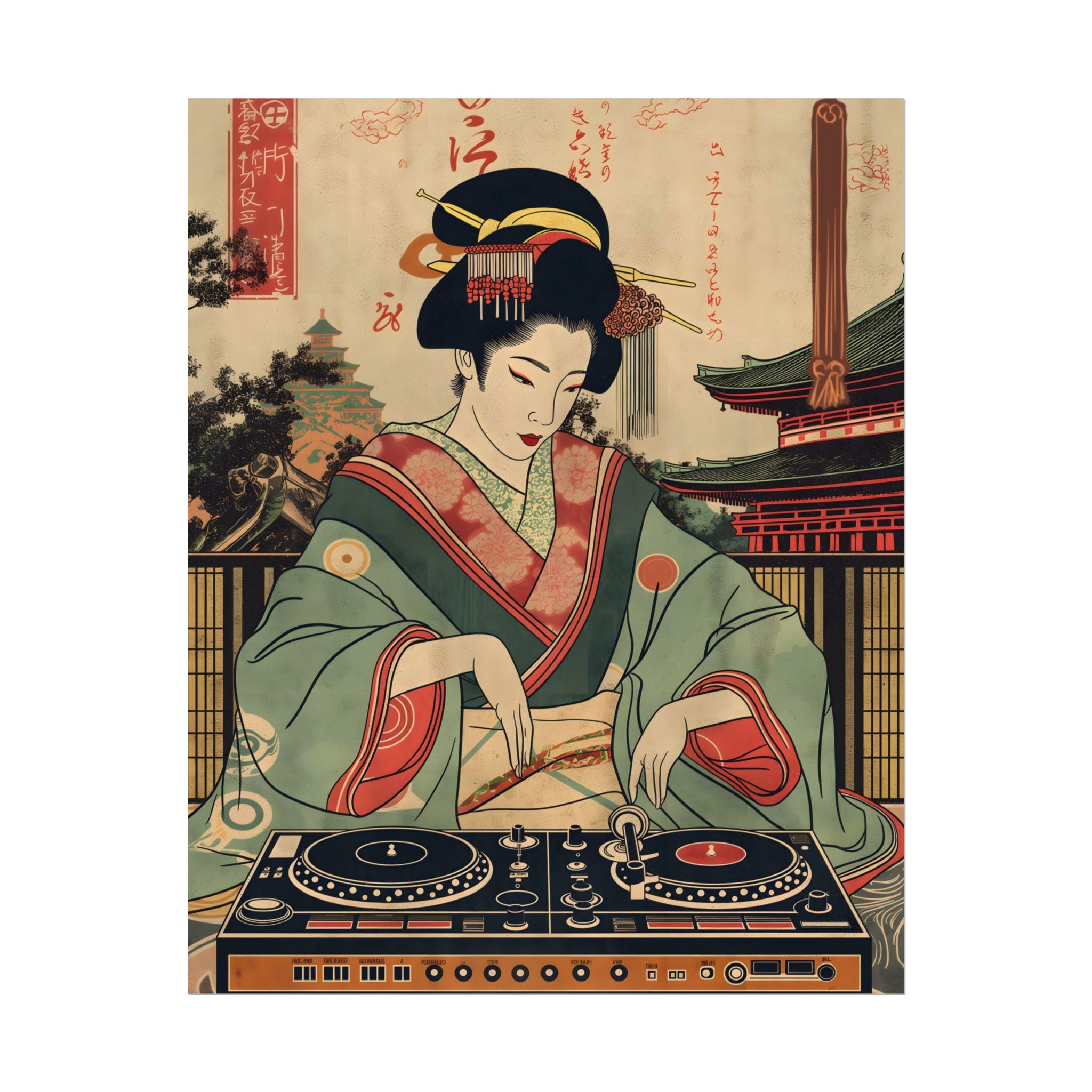 Japanese Geisha DJ Wall Art Print | Edo Period Geisha EDM Poster