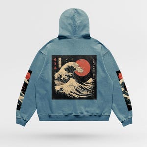 PREMIUM Kanagawa Japanese Wave Oversize Faded Hoodie, Acid Wash Japanese Streetwear, Back Print Kanji, Trendy High Quality Hooded Sweatshirt