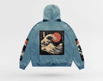 PREMIUM Kanagawa Japanese Wave Oversize Faded Hoodie, Acid Wash Japanese Streetwear, Back Print Kanji, Trendy High Quality Hooded Sweatshirt