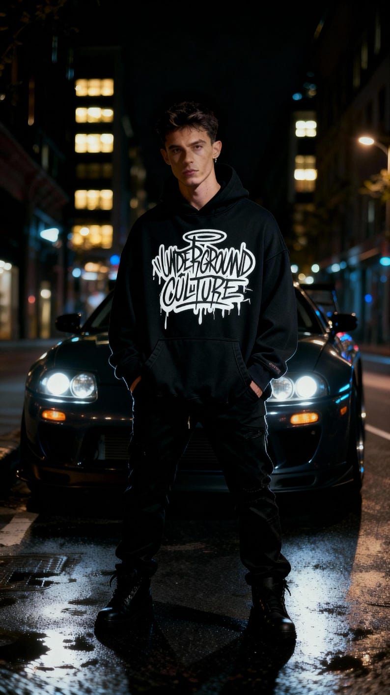 May include: A black hooded sweatshirt featuring the white text "UNDERGROUND CULTURE" in a stylized graffiti font with a halo graphic above the lettering. The hoodie includes a front kangaroo pocket and long sleeves with ribbed cuffs.