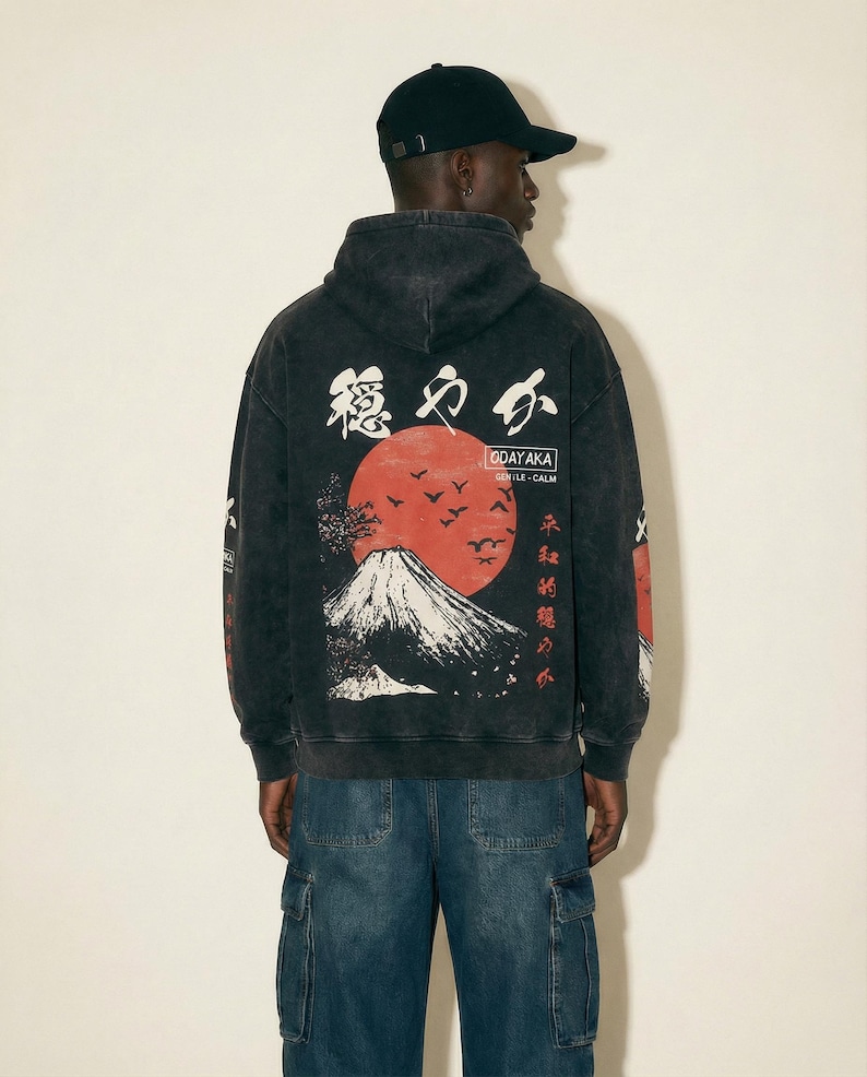 PREMIUM Oversized Japanese Hoodie, Japanese Streetwear, Aesthetic, Mount Fuji, Kanji Writing, Japan Sweatshirt, Tokyo, Sleeve, Japan Fashion image 2