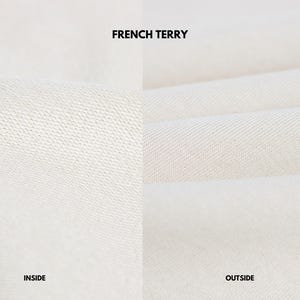 Pu&ograve; includere: Primo piano di tessuto in spugna francese bianco sporco. L'immagine &egrave; divisa in due sezioni, con il lato sinistro etichettato "INSIDE" che mostra una maglia strutturata e il lato destro etichettato "OUTSIDE" che mostra una trama liscia e a coste.