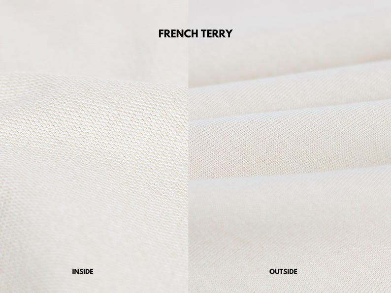 Pu&ograve; includere: Primo piano di tessuto in spugna francese bianco sporco. L'immagine &egrave; divisa in due sezioni, con il lato sinistro etichettato "INSIDE" che mostra una maglia strutturata e il lato destro etichettato "OUTSIDE" che mostra una trama liscia e a coste.