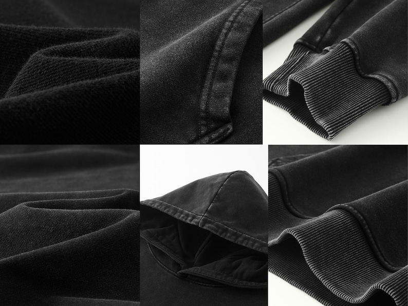 May include: Close-up of black fabric with a textured, slightly distressed look. The fabric is folded and shows the texture and stitching details.