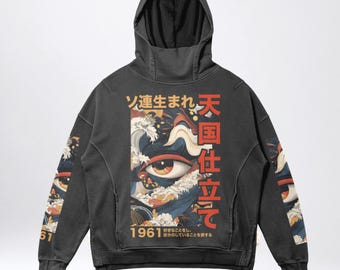 PREMIUM Japanese Streetwear Hoodie w Turtleneck, Oversized, Split Hem Japanese Aesthetic, Kanji Writing, Japan Sweatshirt, Japanese Clothing