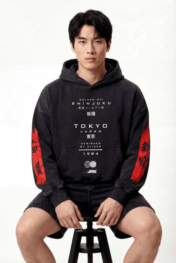 Shinjuku Tokyo Boxy Premium Cotton Hoodie, Japanese Streetwear, Tokyo Fashion Trend, Faded Designer Hoodie, Golden Gai