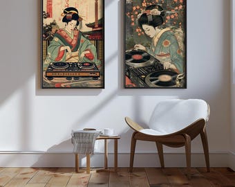 Beautiful Japanese Geisha DJ Wall Print | Vintage Dj Art | Classic