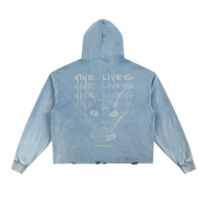Cat Hoodie, "Nine Lives" Vintage Washed Frayed-Hem Streetwear Hoodie, Boxy Fit Distressed Hoodie, Japanese Streetwear Hoodie, Trendy Fashion