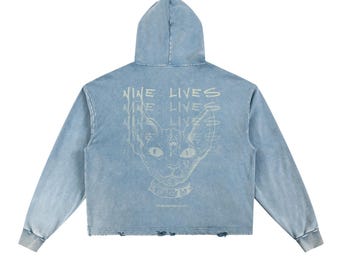 Cat Hoodie, "Nine Lives" Vintage Washed Frayed-Hem Streetwear Hoodie, Boxy Fit Distressed Hoodie, Japanese Streetwear Hoodie, Trendy Fashion
