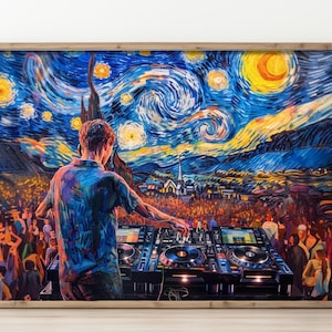 Stampa artistica su carta fotografica DJ "Notte stellata di Van Gogh" / Regalo per DJ / Arte murale musicale EDM / Stampa per festival / Decorazione per studio musicale /