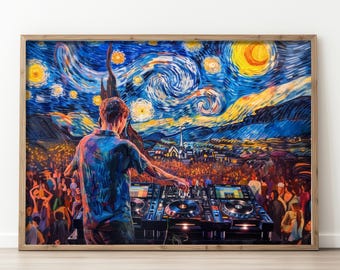 Van Gogh Starry Night DJ Photo Art Paper Print | Gift For DJ | EDM Music Wall Art | Festival Print | Music Studio Decor |