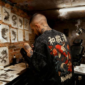 May include: A person wearing a black, acid-wash style sweatshirt with a large graphic of a koi fish and floral design. The sweatshirt has Japanese characters and the word "Nishikigoi". The person is working on a tattoo.