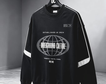 Sudadera de cuello redondo Y2K con estampado urbano, con cinta en contraste negra, corte holgado y de alta calidad, estilo urbano de primera calidad, en blanco y negro.