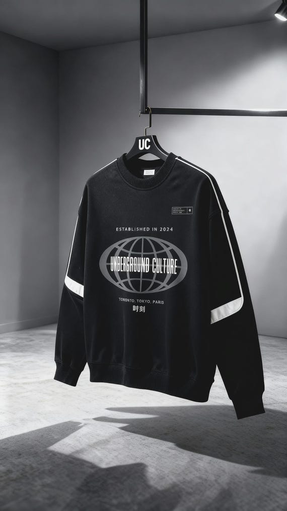 Y2K Streetwear Crewneck Sweatshirt - Black Contrast Tape Pullover, Heavyweight Oversize Fit, Premium Quality Urban Fashion, Black and White