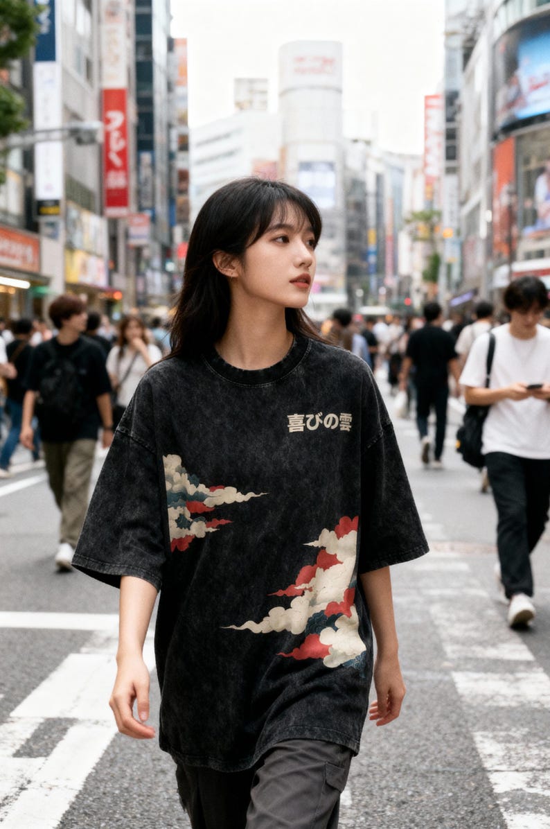 PREMIUM Japanische Wolken Übergröße Schnee gewaschen T-Shirt, cooles japanisch inspiriertes T-Shirt, hochwertige Baumwolle, Vintage japanisches Design, Tokyo Art Bild 6