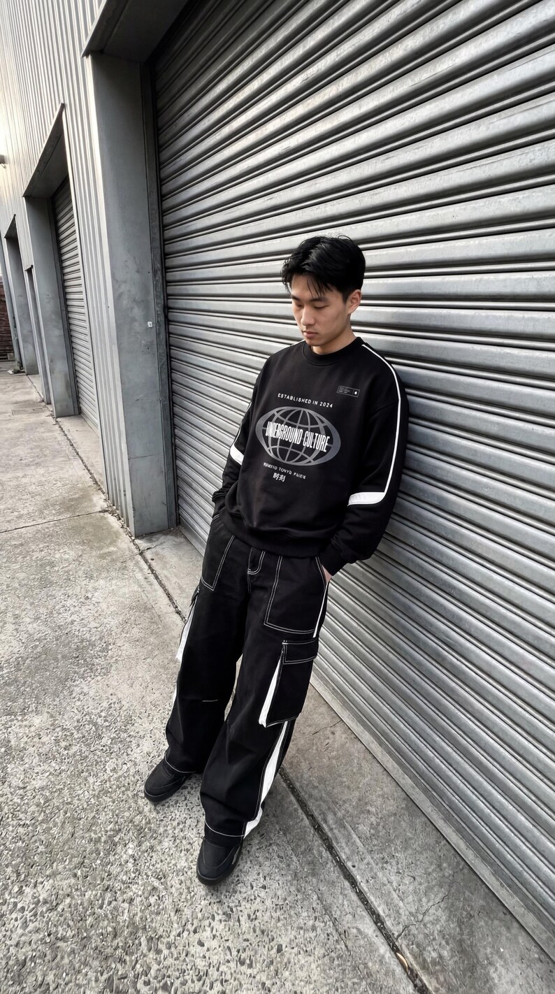 May include: A black long-sleeve sweatshirt featuring a white globe graphic and the text "UNDERGROUND CULTURE" with "ESTABLISHED IN 2024" above it. Paired with black cargo trousers featuring white contrast stitching and white side panel details.