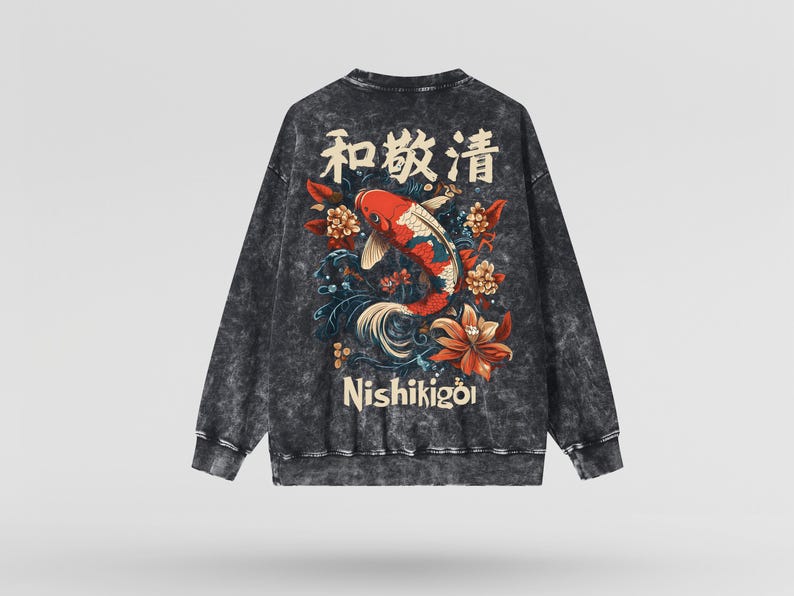 May include: Dark gray acid wash sweatshirt featuring a koi fish design with red, white, and blue accents, surrounded by flowers. The Japanese text and the word "Nishikigoi" are printed on the sweatshirt.