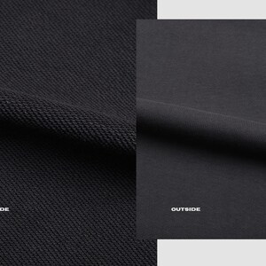 May include: Close-up of a black fabric showing the inside and outside of the material. The inside has a textured weave and the outside is smooth. The words "INSIDE" and "OUTSIDE" are printed on the fabric.