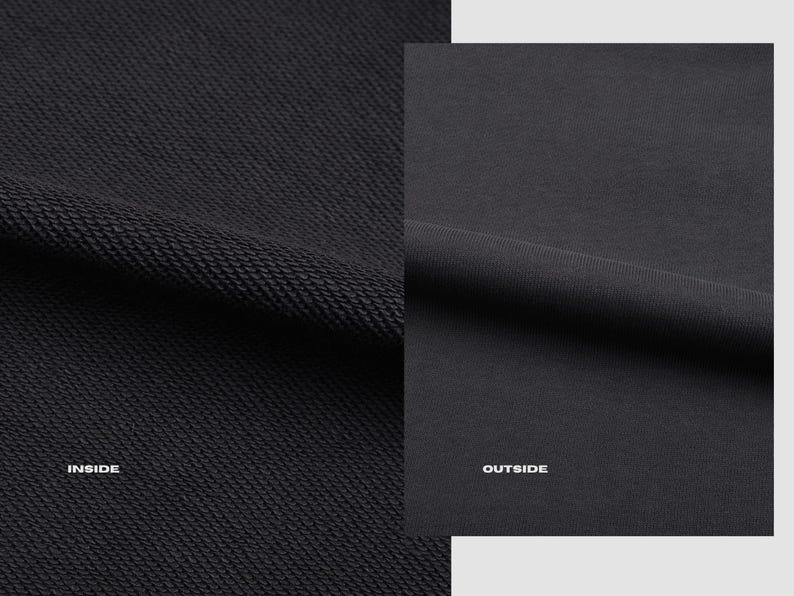 May include: Close-up of a black fabric showing the inside and outside of the material. The inside has a textured weave and the outside is smooth. The words "INSIDE" and "OUTSIDE" are printed on the fabric.