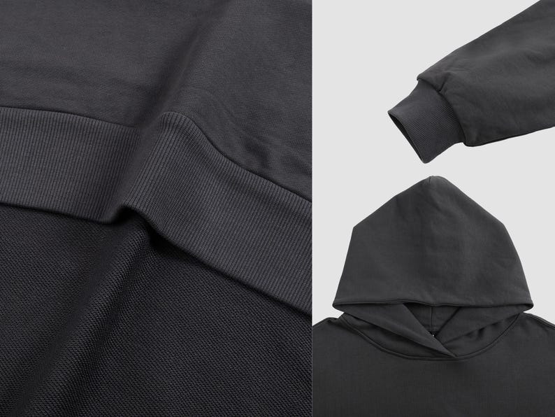 May include: A dark gray hooded sweatshirt with a ribbed hem and cuffs. The sweatshirt is made of a soft, comfortable fabric.