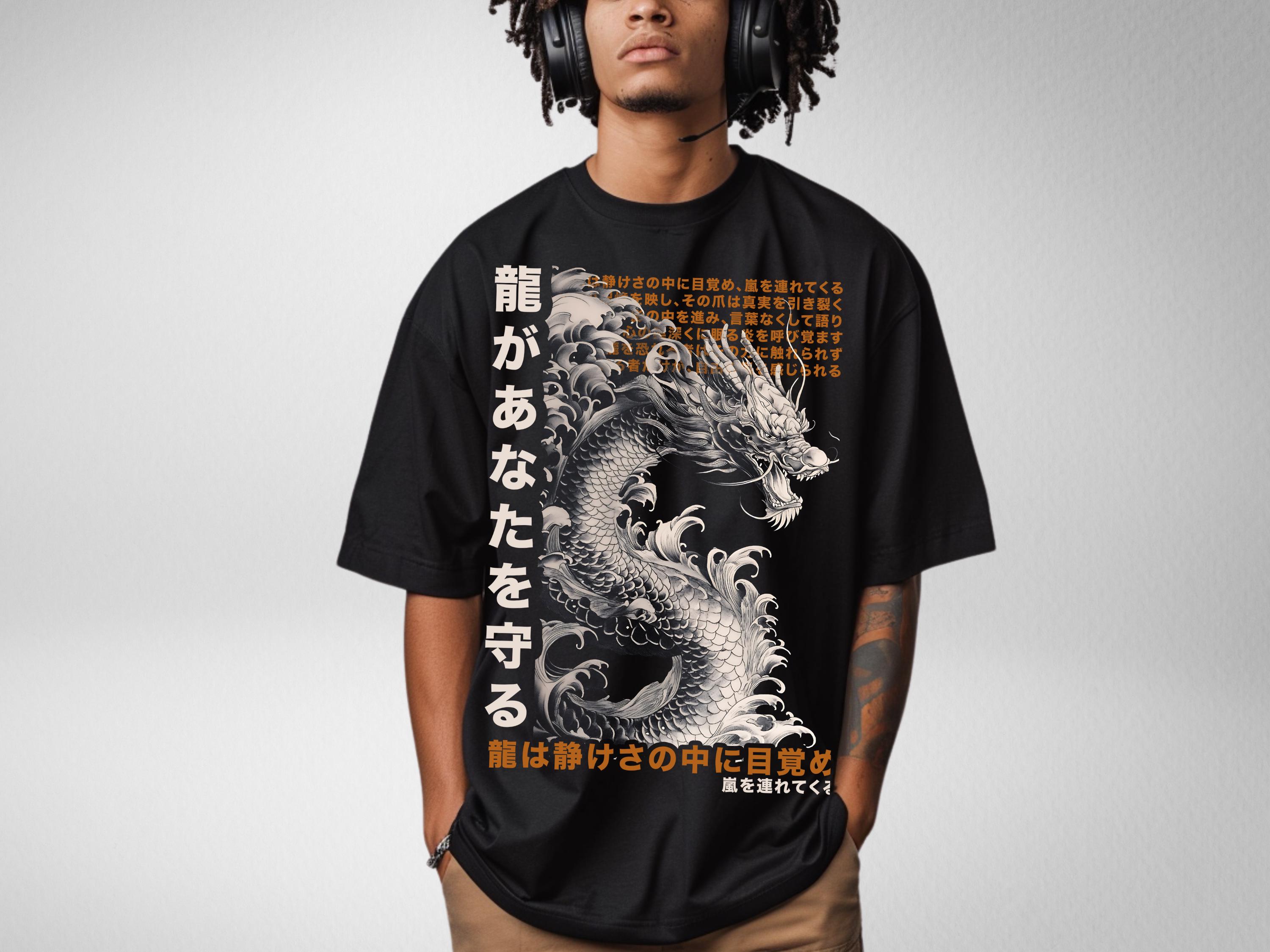 Japanese Dragon Oversize Deep Drop Shoulder Tee, Harajuku Dragon