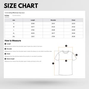 May include: Size chart for a t-shirt with measurements in inches and centimeters. The chart shows the length, shoulder, and chest measurements for sizes S, M, L, XL, and 2XL. A diagram shows how to measure each part of the shirt.