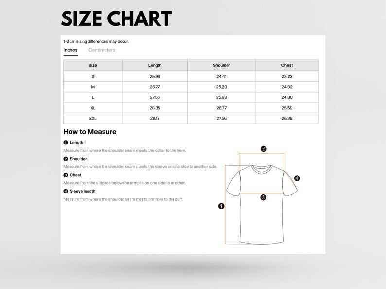 May include: Size chart for a t-shirt with measurements in inches and centimeters. The chart shows the length, shoulder, and chest measurements for sizes S, M, L, XL, and 2XL. A diagram shows how to measure each part of the shirt.