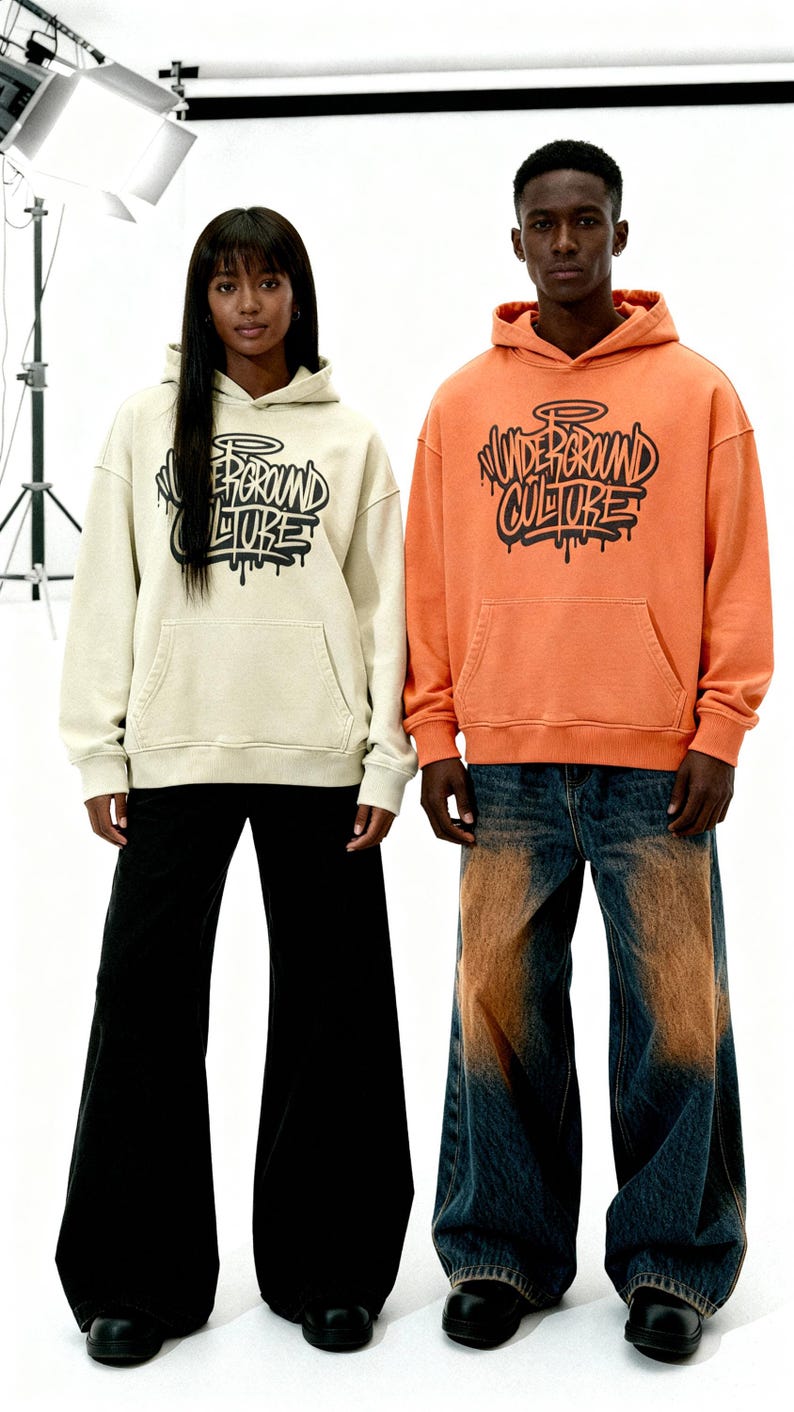 May include: A cream-colored hoodie and an orange hoodie, both featuring a black graphic print that reads "UNDERGROUND CULTURE" in a stylized graffiti font. Each hoodie includes a front kangaroo pocket and a hood with matching drawstrings.