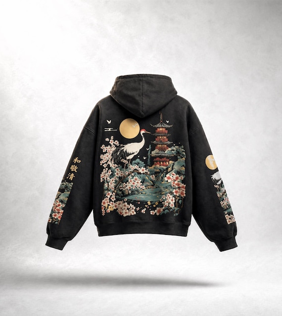PREMIUM Japanese Garden Boxy Hoodie – Crane Pagoda Sakura Hoodie, Japanese Streetwear, Cherry Blossom Hoodie, High Quality Hoodie